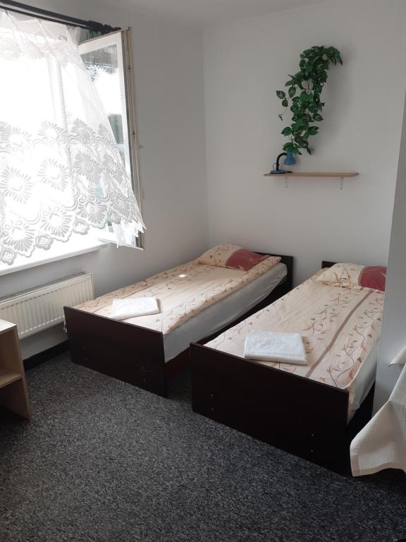 two beds in a room next to a window at HOTEL FAHO in Przemyśl