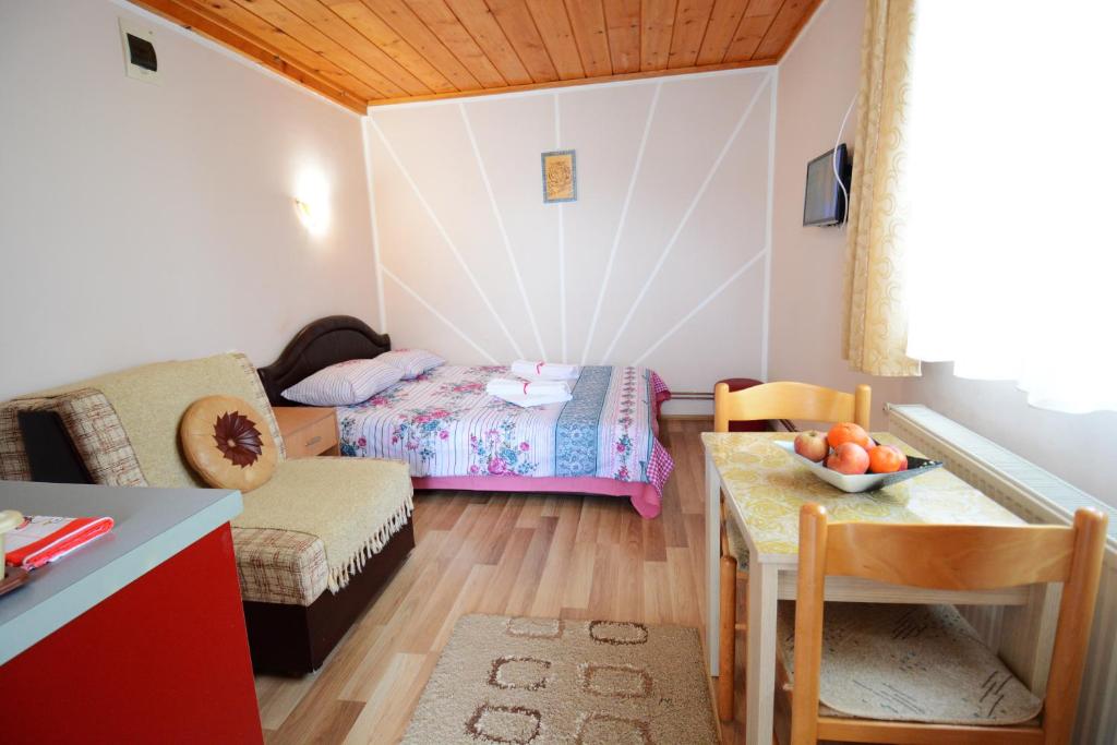 a small room with a bed and a table at Apartments Jeca in Zlatibor