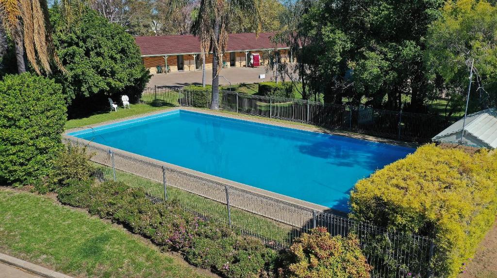 an overhead view of a blue swimming pool at Burke and Wills Motor Inn in Moree