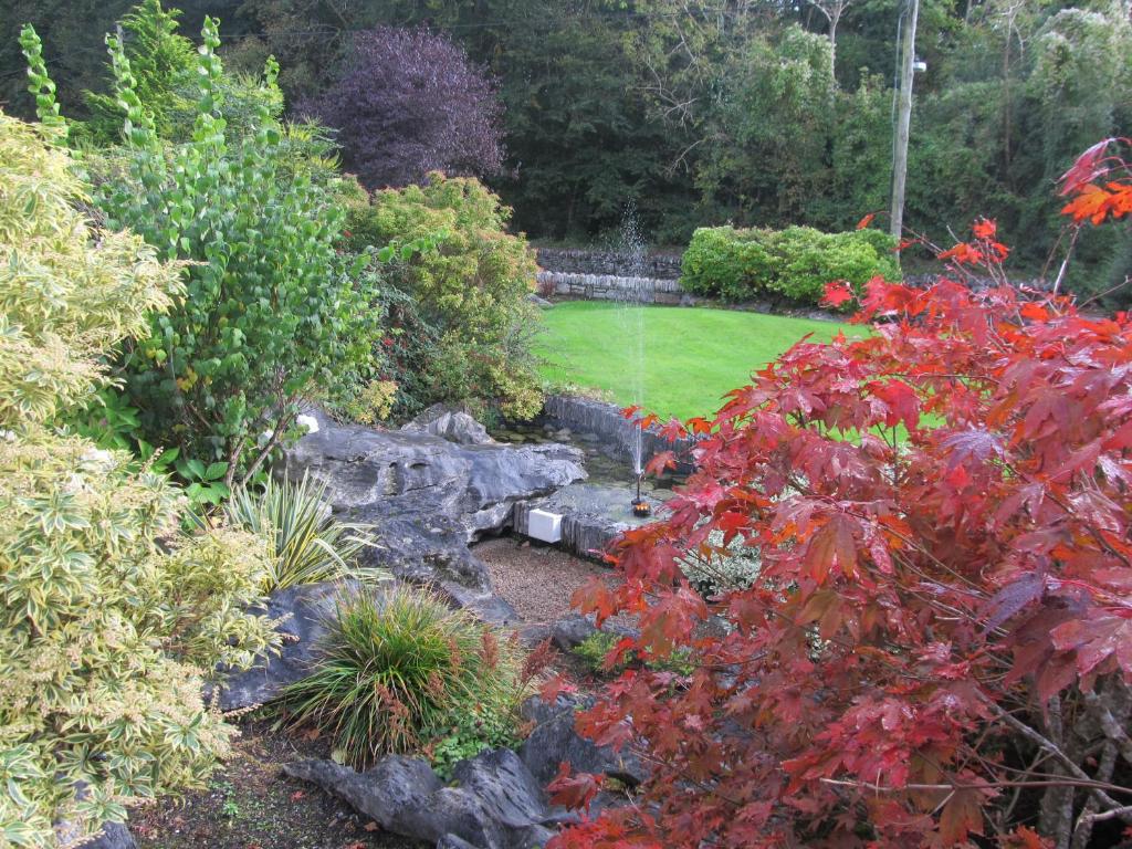 a garden with red plants and a lawn at Neidin House in Kenmare