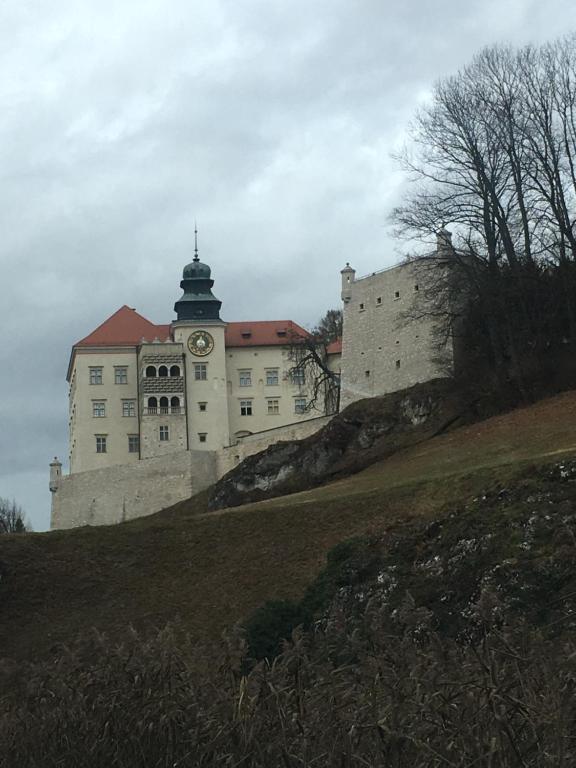 un edificio con una torre de reloj en la cima de una colina en Herkules Pokoje Noclegi Pieskowa Skała Ojców, en Pieskowa Skała