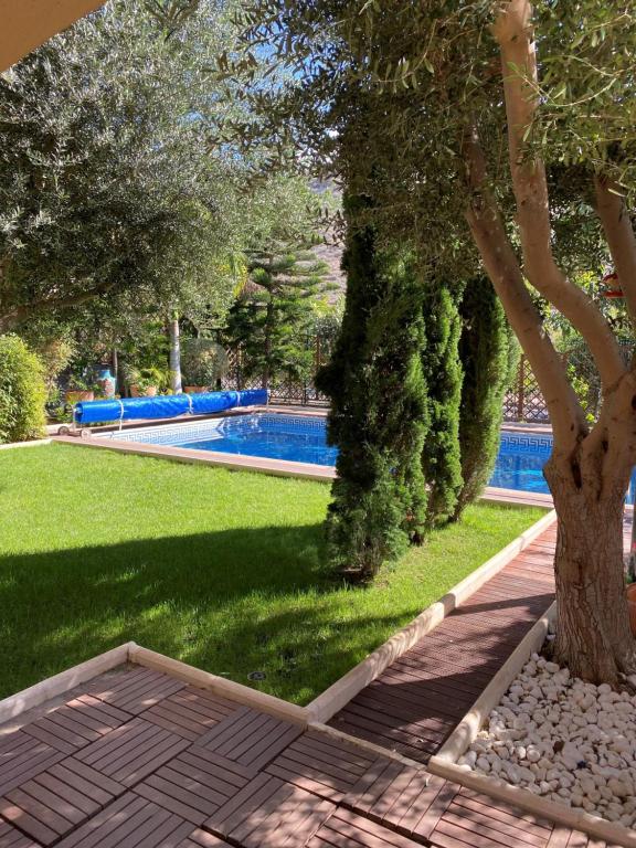 un jardín con un árbol y una piscina en Villa with private pool and beautiful garden, en Los Cristianos