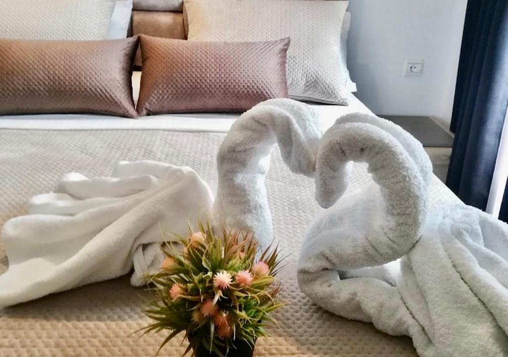 丹吉爾的住宿－Appart Hotel Tanger Paname，床上方的两条毛巾天鹅