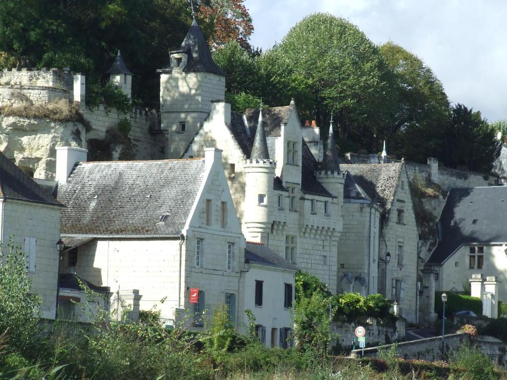 un grand château blanc au sommet d'une colline dans l'établissement La Sterne de Loire Charming House, à Saumur