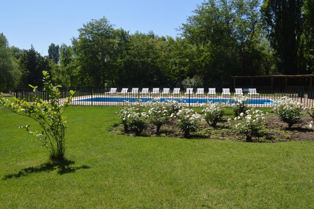 uma piscina com cadeiras e flores num quintal em Viña La Playa Hotel & Winery em Santa Cruz