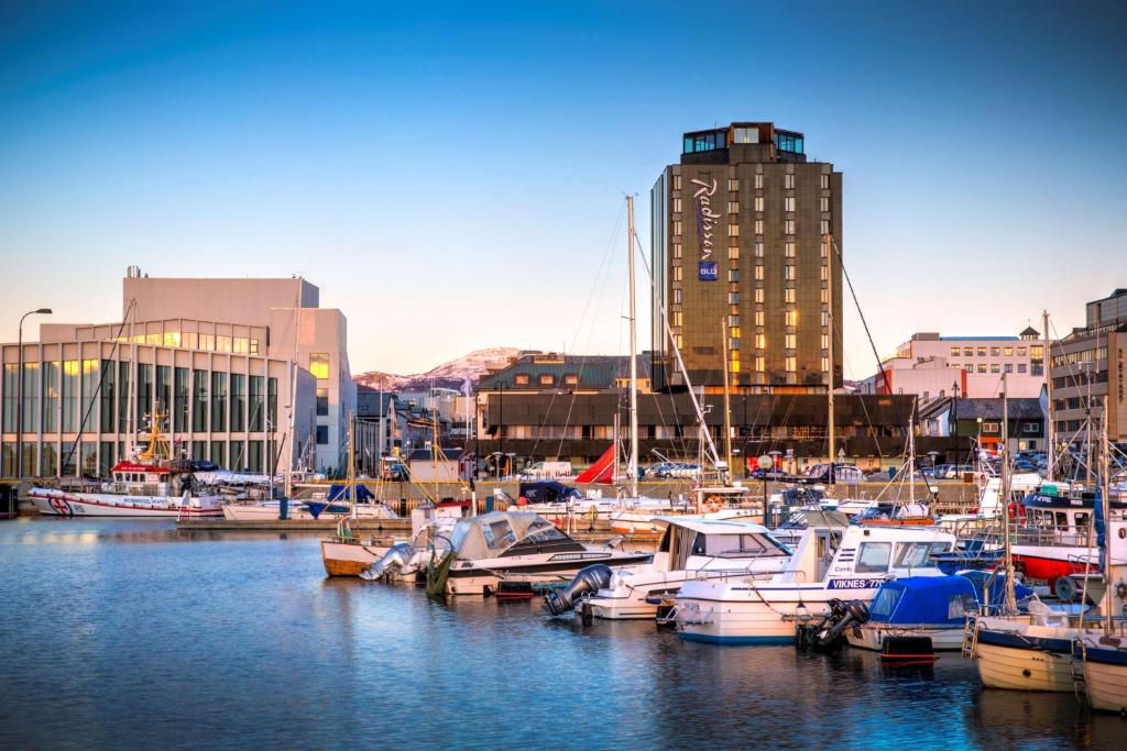 un groupe de bateaux amarrés dans un port avec des bâtiments dans l'établissement Radisson Blu Hotel Bodø, à Bodø