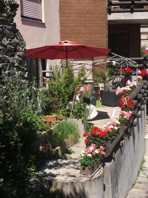 a garden with flowers and an umbrella on a wall at Bodmen 3 Apartments von Privat in Zermatt in Zermatt