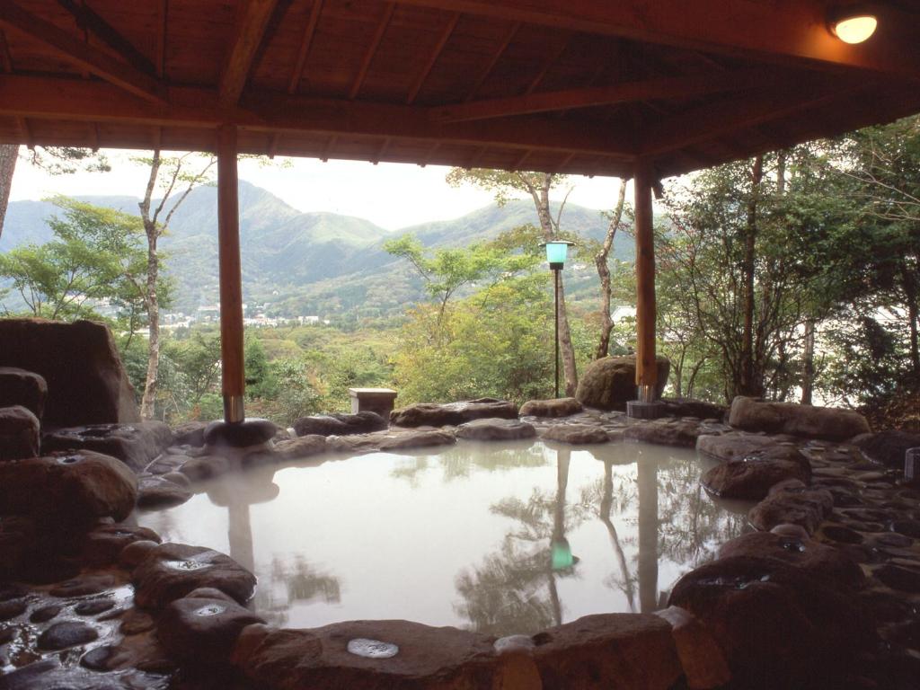 a hot tub with a view of the mountains at Senkyoro in Hakone