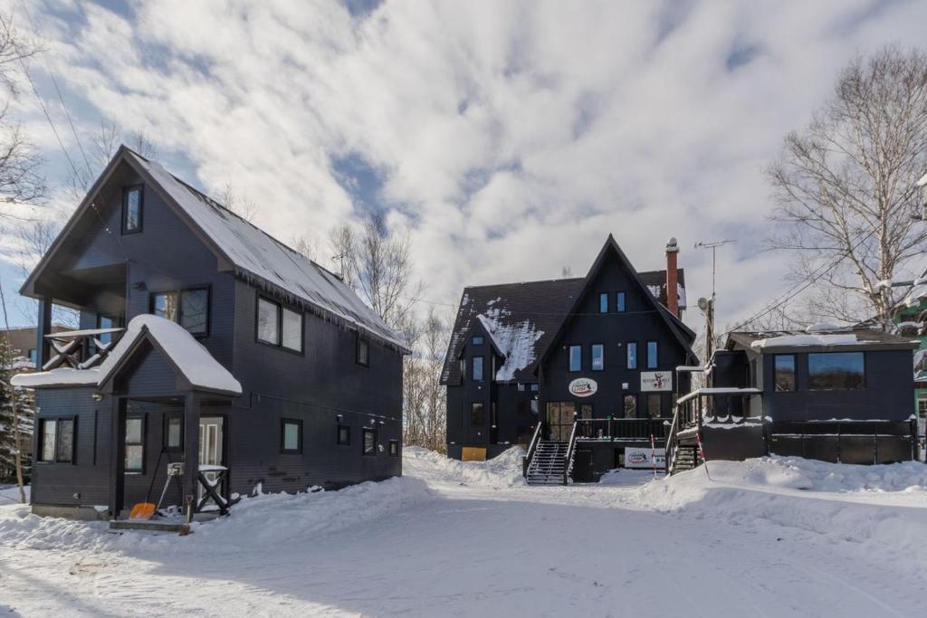 Czarny dom ze śniegiem na ziemi w obiekcie Freeride Backpackers Lodge Niseko w mieście Niseko