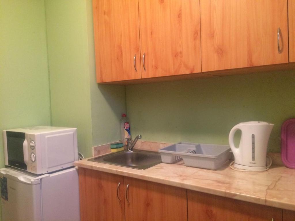a kitchen counter with a sink and a microwave at Dávid Apartman in Gárdony