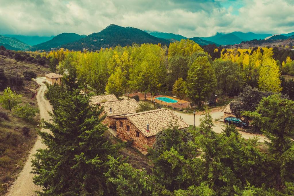 Vue aérienne d'une maison dans une forêt dans l'établissement CABAÑAS RIO MUNDO, à Riópar