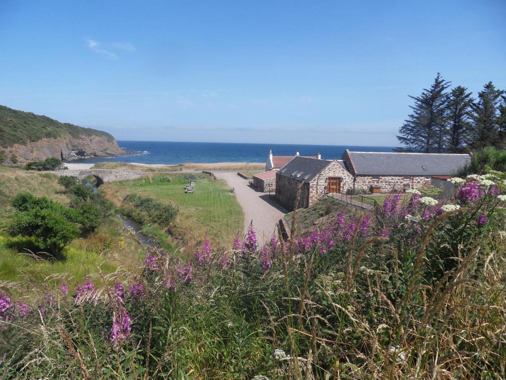 una casa al lado de una colina con flores púrpuras en Mill Of Nethermill Holidays, en Pennan