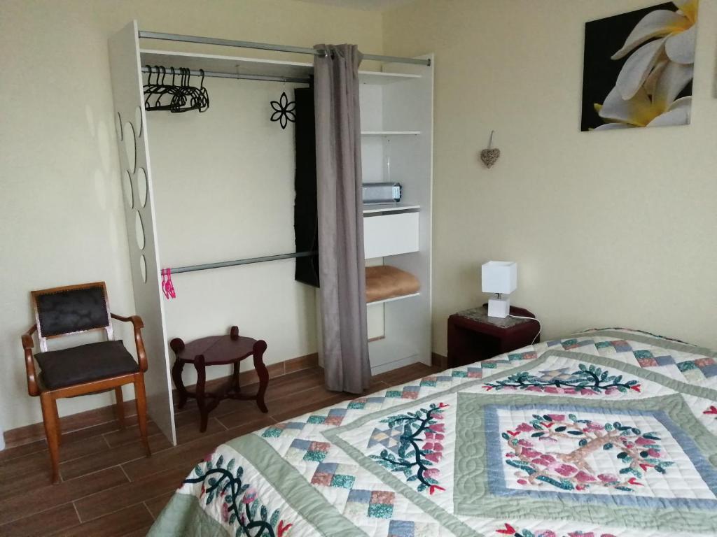 ein Schlafzimmer mit einem Bett, einem Stuhl und einem Fenster in der Unterkunft Le Bord d'eau in Montbard