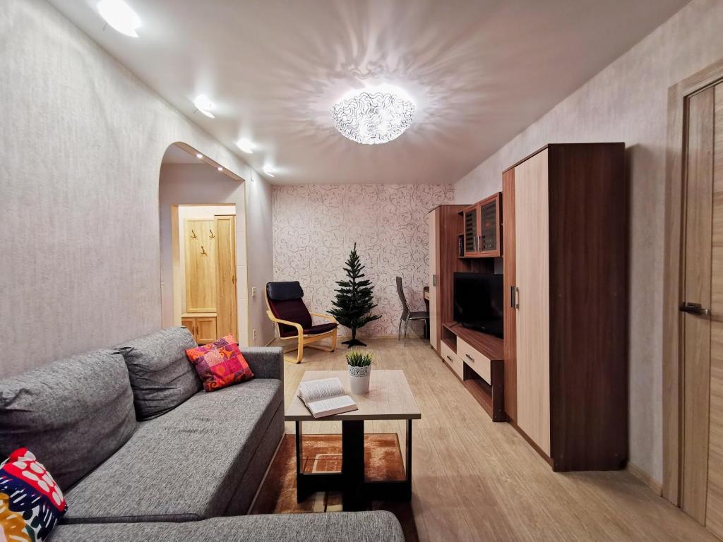 a living room with a couch and a tv at Apart-comfort Istanbul in Yaroslavl