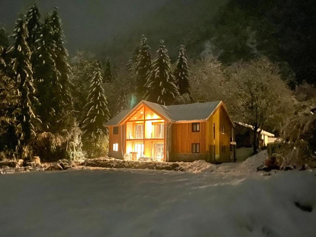 uma cabana de madeira na neve à noite em Apartmentshaus Dual - 2 em Hermagor