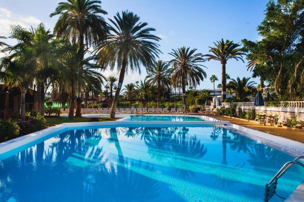 een zwembad met palmbomen op de achtergrond bij HL Miraflor Suites Hotel in Playa del Inglés