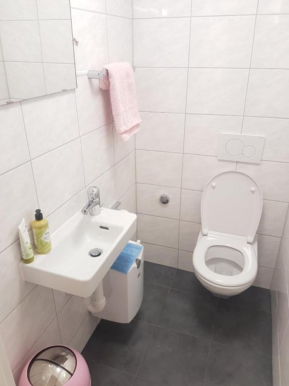 a white bathroom with a toilet and a sink at Friendly Hostel Zürich in Zürich