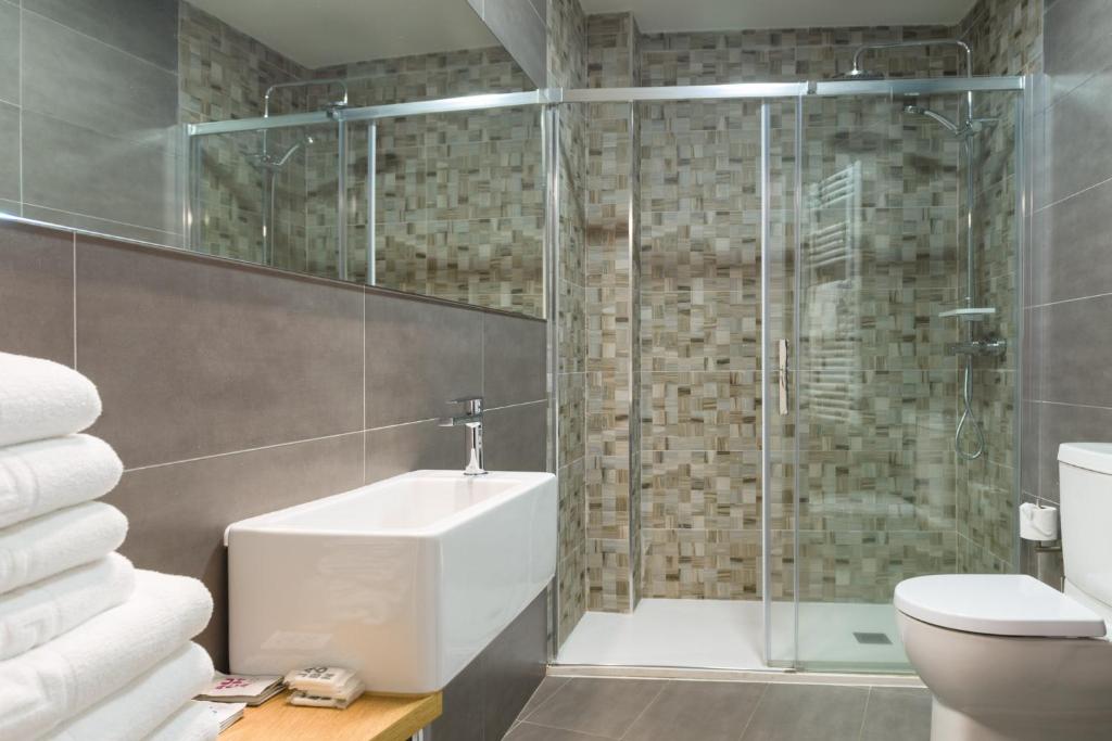 a bathroom with a shower and a sink and a toilet at O balcón da ribeira in Parada del Sil