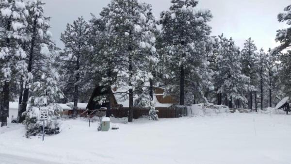 a park covered in snow with trees and a playground at Flagstaff Chalet in Flagstaff