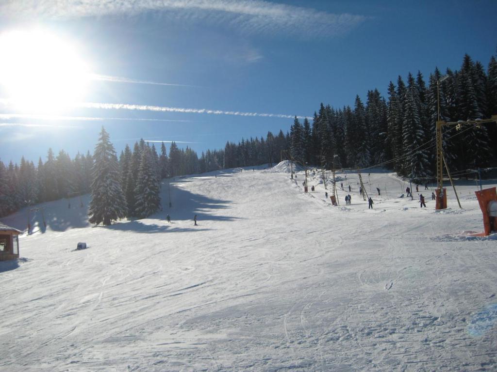 a group of people skiing down a snow covered slope at Pension MAX in Pernink