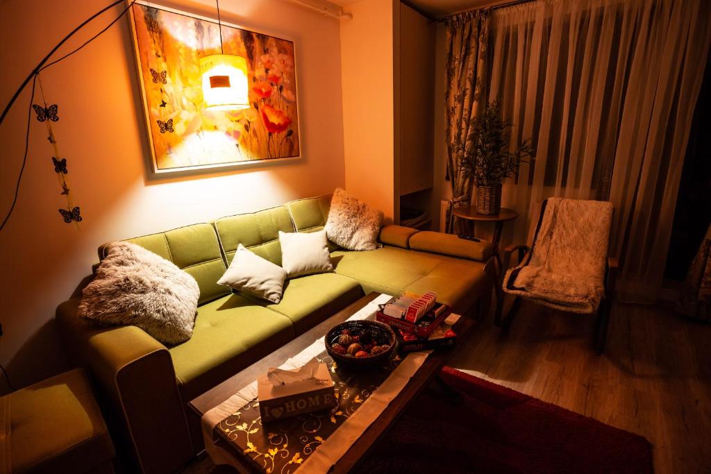 uma sala de estar com um sofá verde e uma mesa em Green FOREST Resort Colina Marei em Sinaia