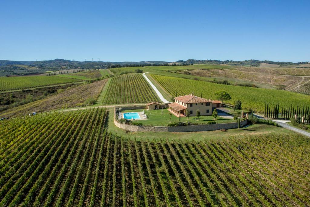 an aerial view of a house in a vineyard at Badia di Morrona Agriturismo in Terricciola