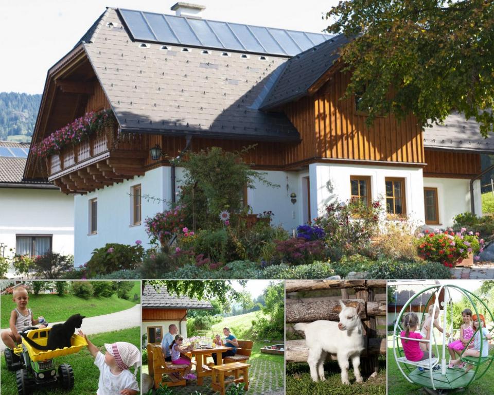 a collage of pictures of a house with people and animals at Hüttstädterhof Familie Pötsch in Aigen im Ennstal