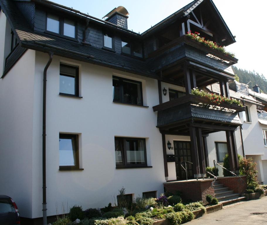 una casa blanca con techo negro en Ferienwohnung Ortsmitte-Willingen, en Willingen