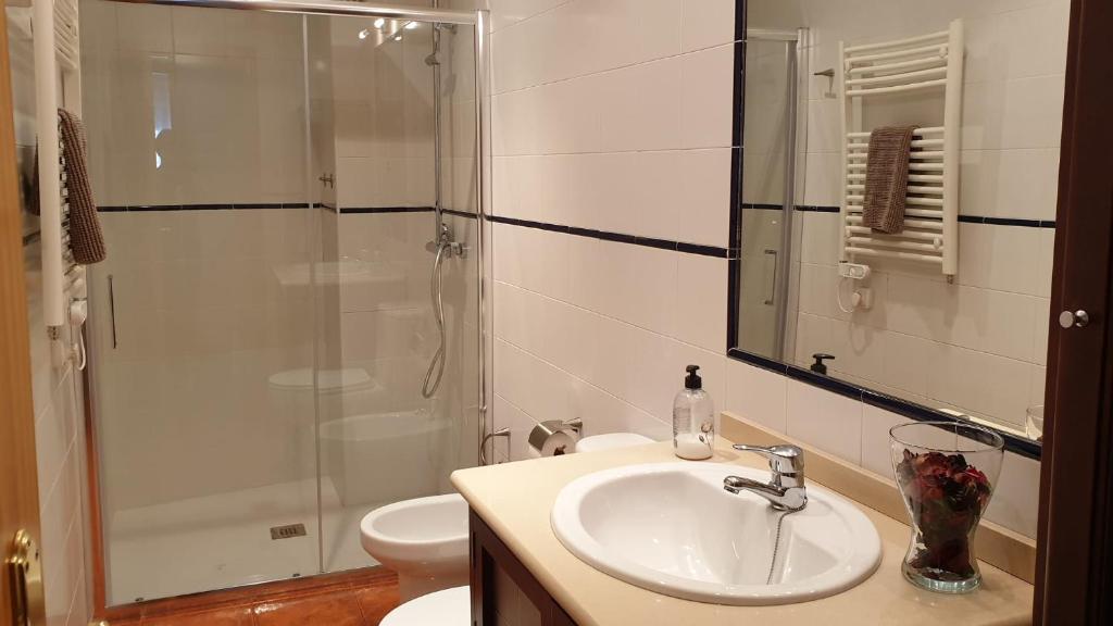 Serradilla的住宿－AT La Catamusa，一间带水槽和玻璃淋浴的浴室