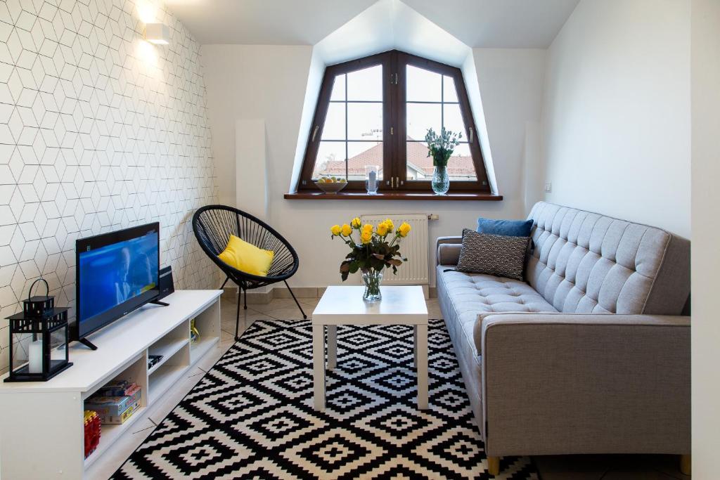Televízia a/alebo spoločenská miestnosť v ubytovaní Apartament BIANCO NERO pod Jasną Górą, bezpłatny parking, teren ogrodzony.