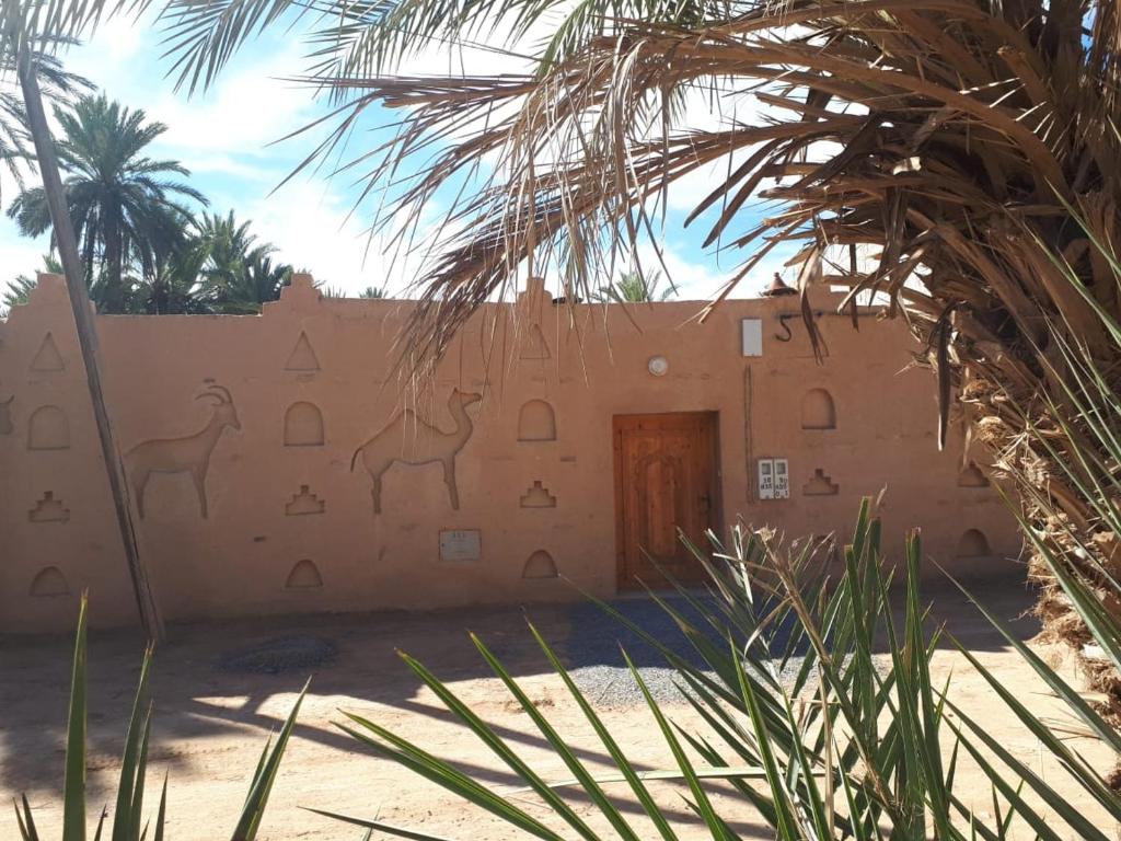 Aït Boukha的住宿－Maison etoile du desert，一座建筑,墙上有骆驼