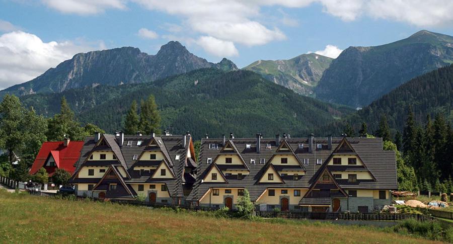 una fila de casas con montañas en el fondo en Apartament Giewont, en Kościelisko