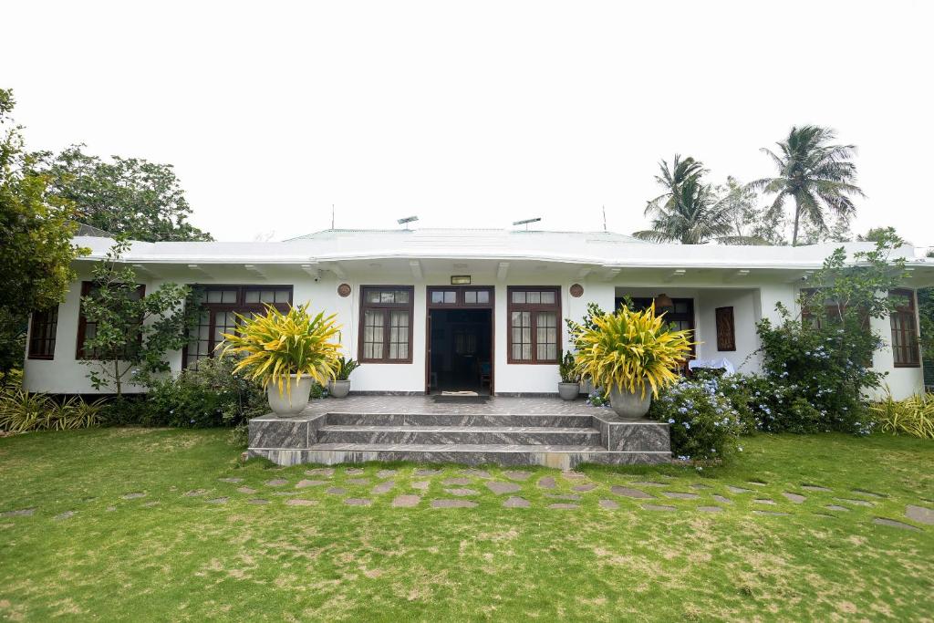 Biały dom z dwoma roślinami przed nim w obiekcie Man Mountain Villa w mieście Matale