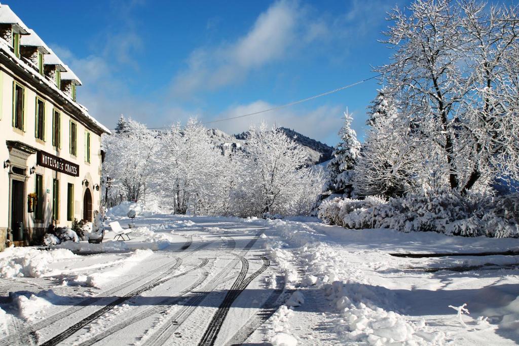 a snowy street with snow covered trees and a building at Hôtel des Chazes in Saint-Jacques-des-Blats