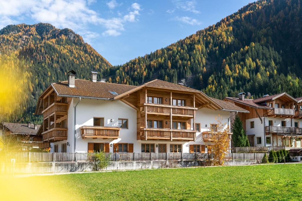 a house in the mountains with a green field at Residence Kahn in Santa Maddalena in Casies
