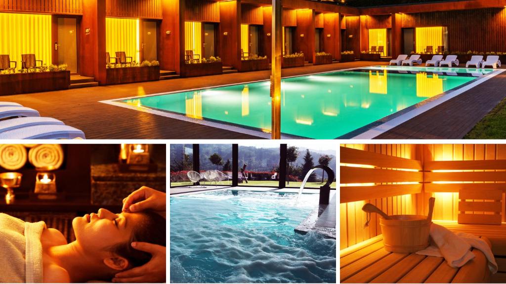 un collage de fotos de un hotel con piscina en Agrinho Suites & Spa Gerês en Valdosende