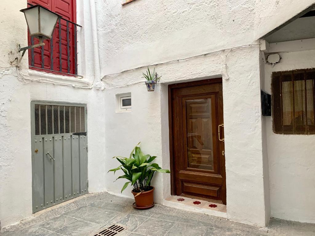 uma casa com uma porta e um vaso de plantas em frente a ela em Tinao de Las Alcántaras em Lanjarón