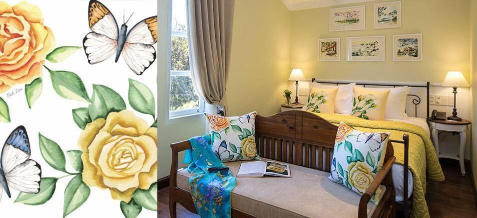 two pictures of a bedroom with a bed and butterflies at BICH DAO Boutique - Dalat in Da Lat