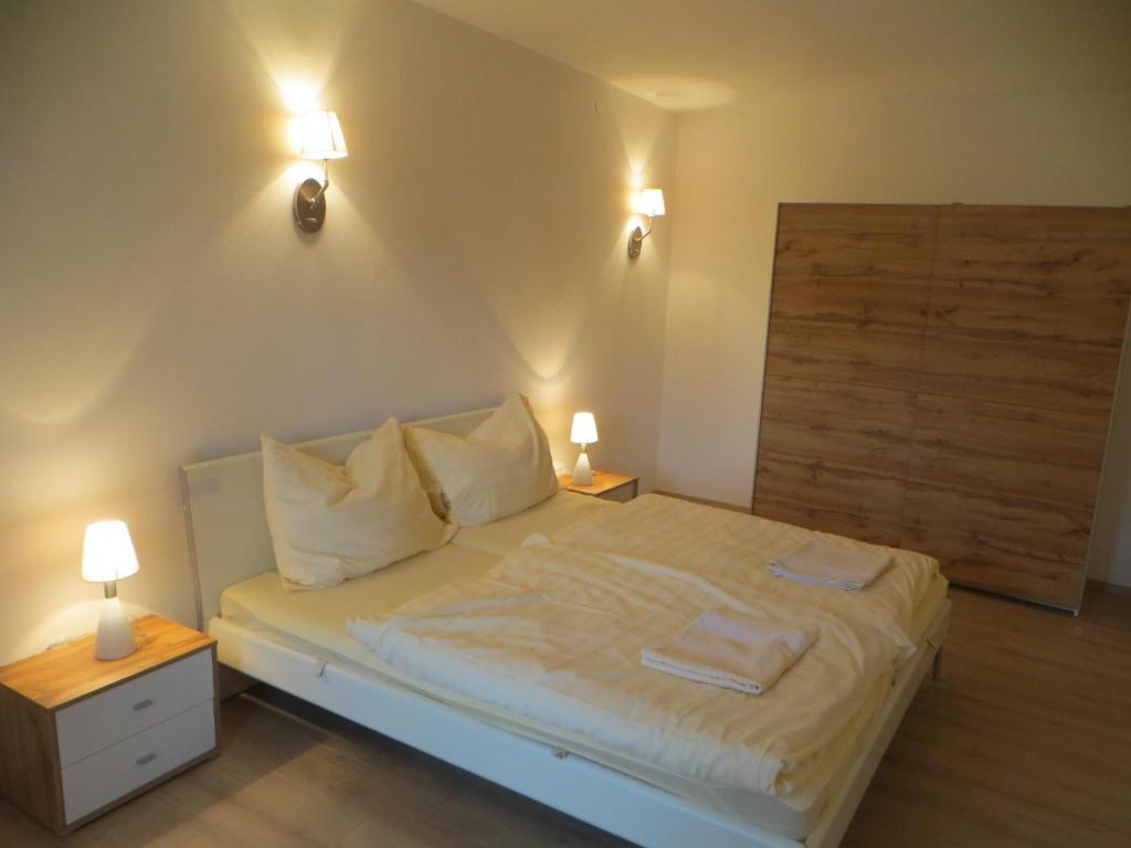 薩爾斯堡的住宿－City Apartment Amadeus，一间卧室配有一张带2个床头柜和2盏灯的床。