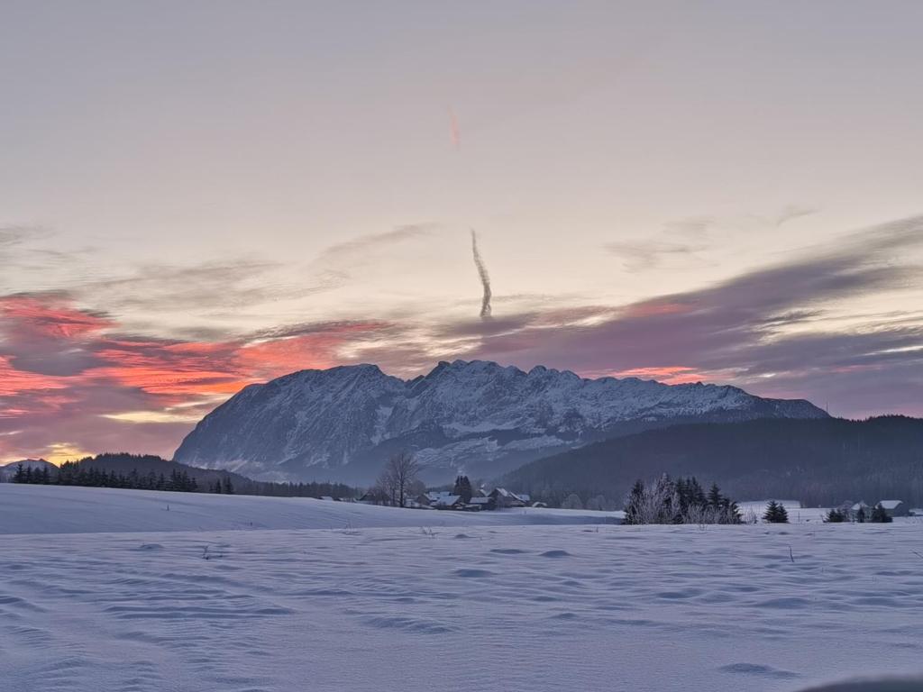 a snow covered field with a mountain in the background at Nina´s Appartement Bad Mitterndorf in Bad Mitterndorf