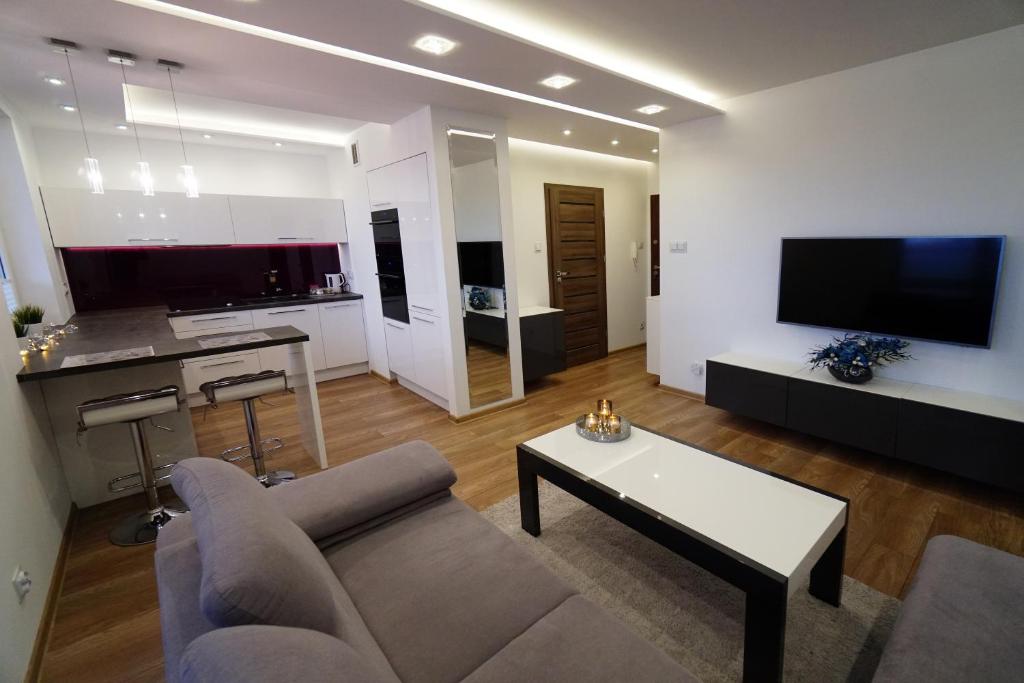 a living room with a couch and a table at Apartament Platinum in Malbork