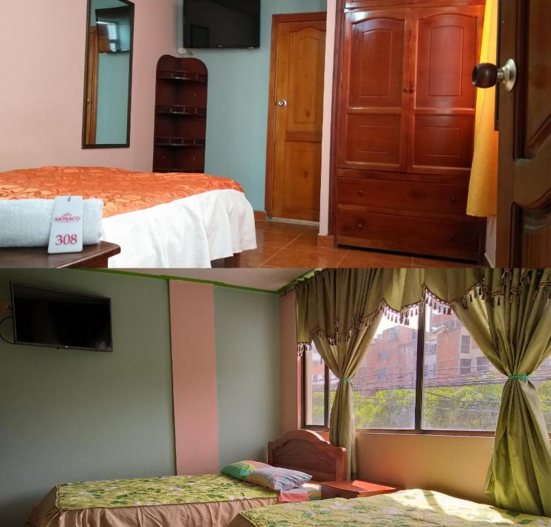 two pictures of a room with a bed and a window at Hotel Mónaco in Pasto