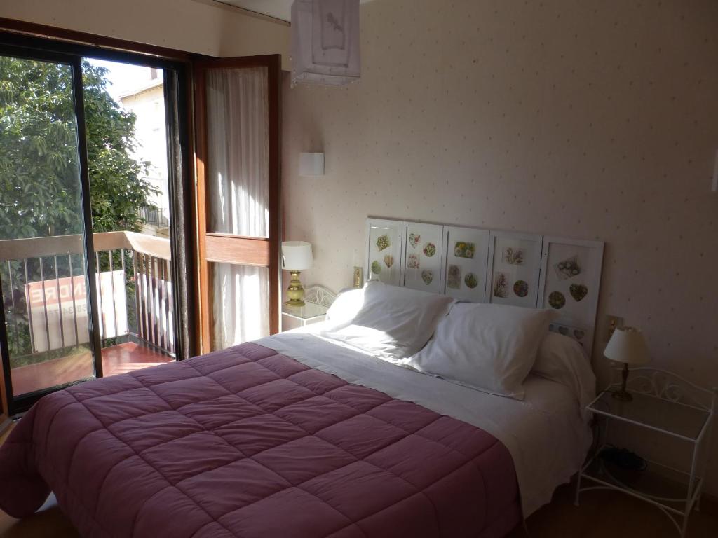 ペルピニャンにあるAppartements la maison hauteのベッドルーム(紫の毛布を使用した大型ベッド1台付)