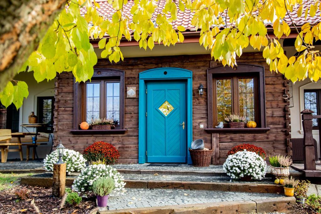 a wooden house with a blue door and windows at BURDANÓWKA CAMINO in Krasnystaw