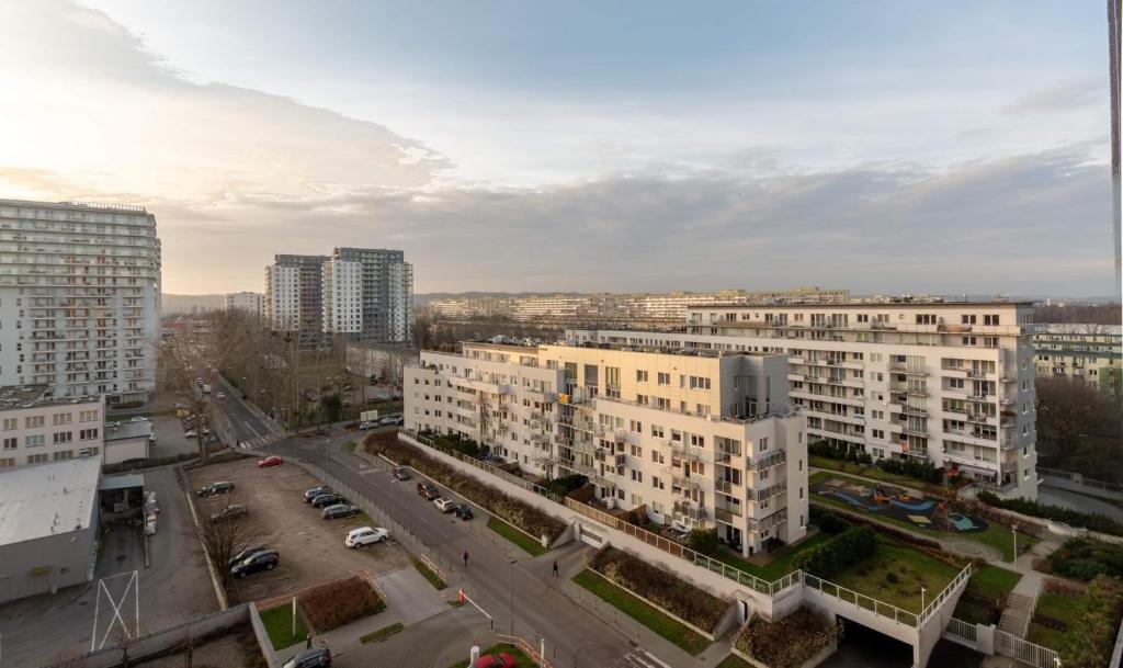 an aerial view of a city with tall buildings at Ann Apartament Horyzont in Gdańsk