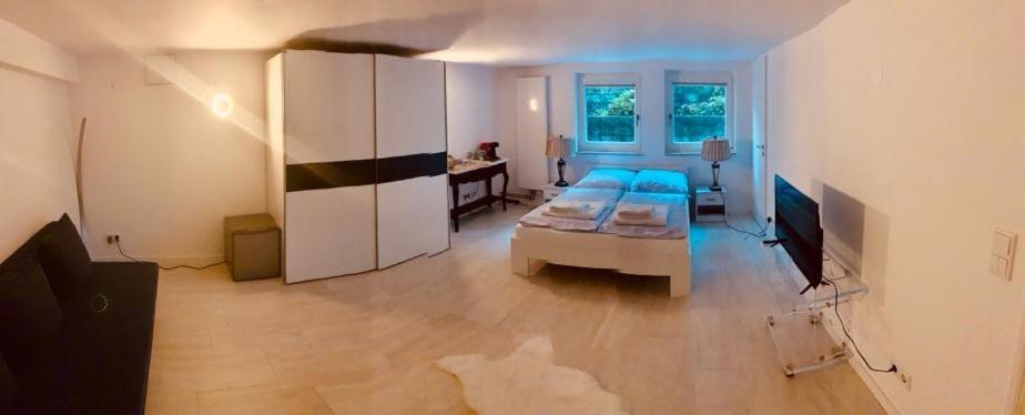 een woonkamer met een bed en een televisie. bij Souterrain Zimmer mit separatem Eingang und Bad in Düsseldorf