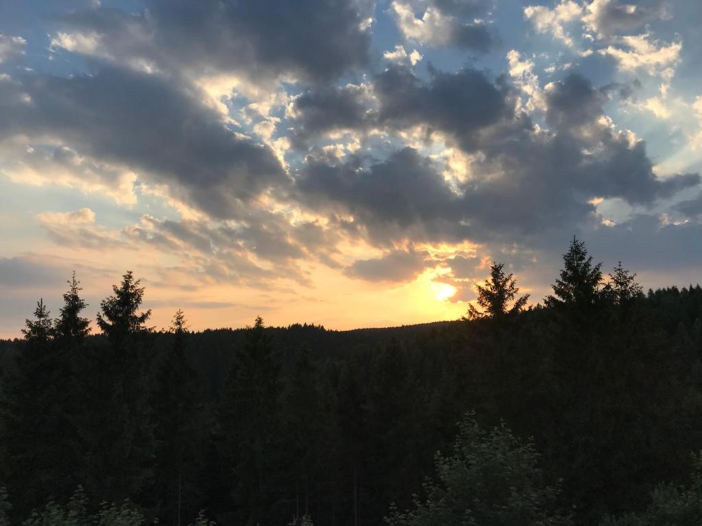 a sunset over a forest of trees with clouds at App 647 Panoramic Hohegeiß Terrassenhaus in Braunlage