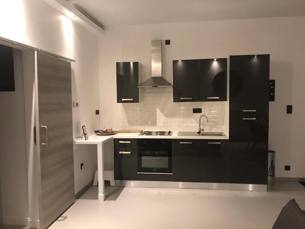 a kitchen with black cabinets and a sink at Antwerp West Side in Zwijndrecht