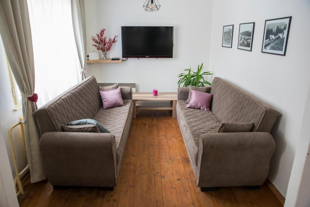salon z 2 kanapami i telewizorem z płaskim ekranem w obiekcie Apartman pod úbôčou w mieście Bystrá