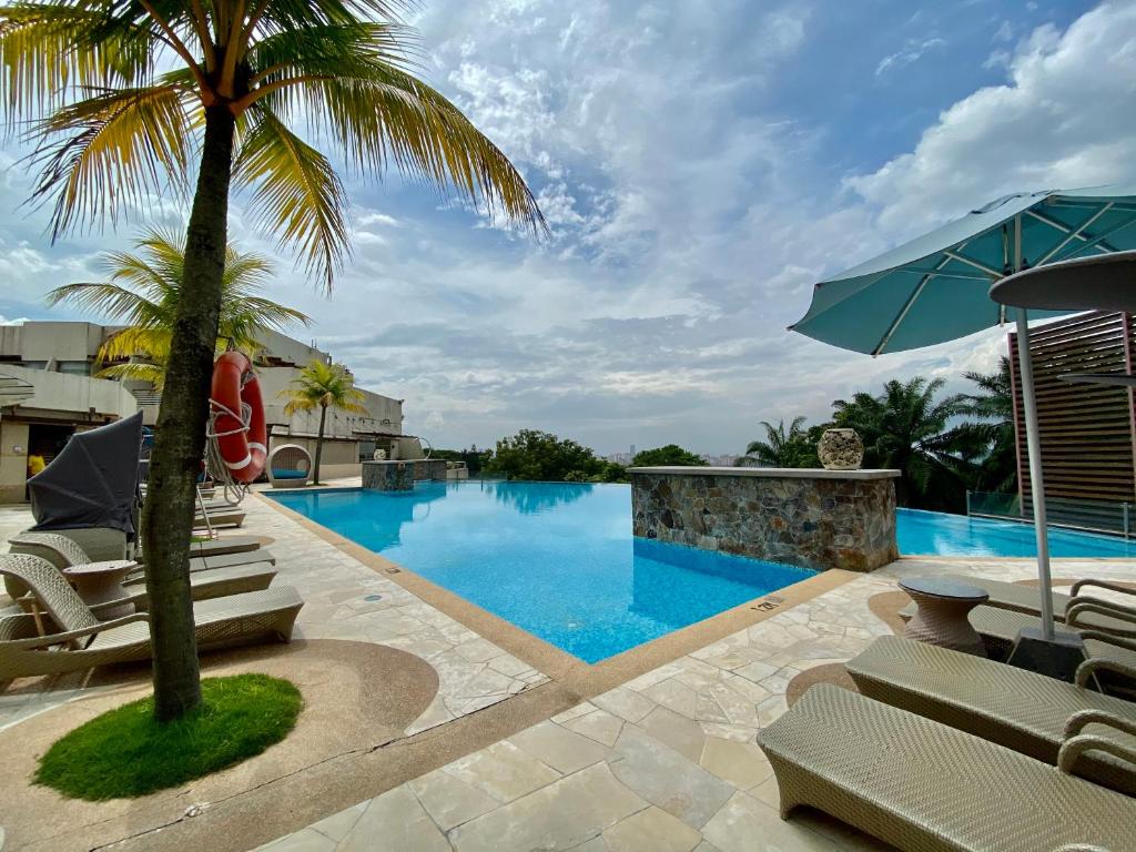 a swimming pool with chairs and a palm tree at PULSE GRANDE Hotel Putrajaya in Putrajaya